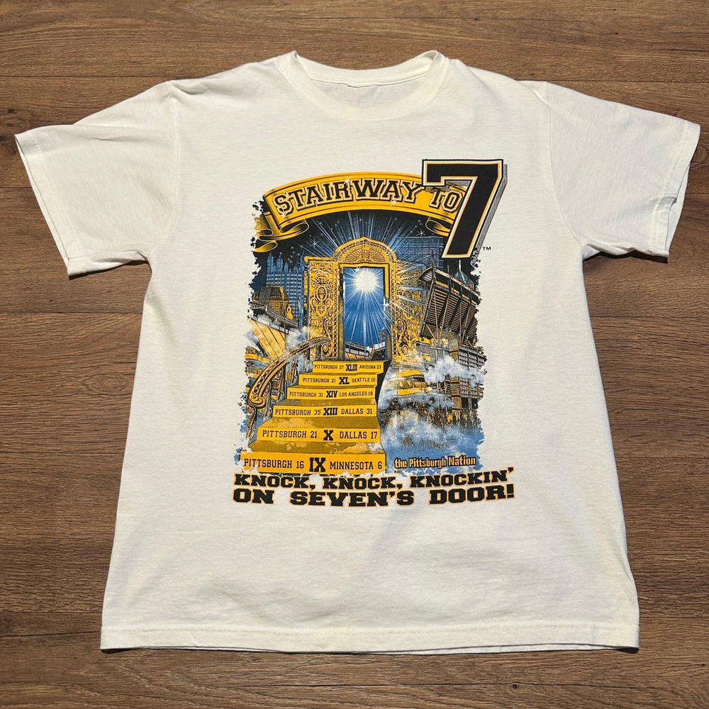 Vintage Pittsburgh Steelers T Shirt Mens Medium White Stairway To 7 Graphic